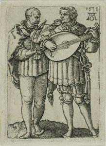 Dwóch muzyków grających na skrzypcach i lutni, płyta pierwsza z Małych tancerek weselnych autorstwa Heinrich Aldegrever