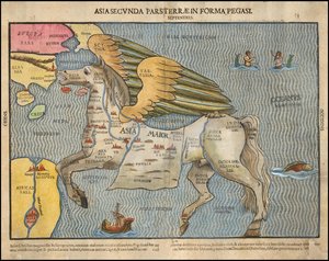 Ca. Mapa obrazkowa z 1581 r. autorstwa Heinricha Büntinga, przedstawiająca Azję jako Pegaza