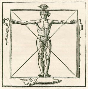 Mężczyzna na kwadracie otoczonym symbolami oka, węża, siedmioczęściowej laski i tarczy. Grawer Heinricha Corneliusa Agrippy von Nettesheim (1486-1535) De occulta philosophia libri tres (trzy B autorstwa Heinrich Cornelius Agrippa von Nettesheim