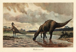 Hadrozaury lub dinozaury kaczodzioby żerujące w rzece. autorstwa Heinrich Harder