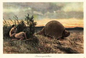 Prymitywni ludzie z włóczniami polujący na glyptodon.