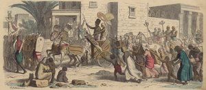Starożytny egipski faraon wyruszający na wojnę (kolorowy grawerunek) autorstwa Heinrich Leutemann