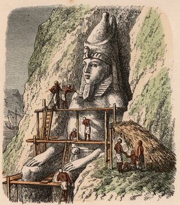 Starożytny Egipt: Rzeźbienie posągu w świątyni Abu Simbel, 1866 r. autorstwa Heinrich Leutemann