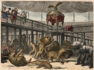 Starożytny Rzym: Zabijanie dzikich zwierząt w amfiteatrze przez cesarza, 1866 r. autorstwa Heinrich Leutemann