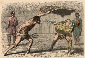 Starożytny Rzym: Gladiator walczy w amfiteatrze autorstwa Heinrich Leutemann