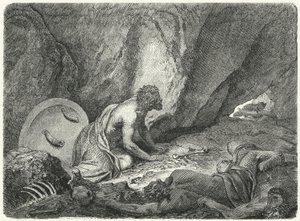 Arystomenes uciekający z dołu, do którego został wrzucony przez Spartan (rycina) autorstwa Heinrich Leutemann