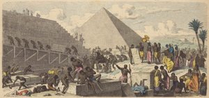Budowa piramid w starożytnym Egipcie (kolorowy grawerunek) autorstwa Heinrich Leutemann