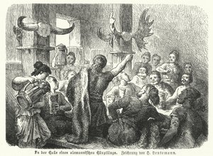 Uczta w sali germańskiego wodza (rycina) autorstwa Heinrich Leutemann