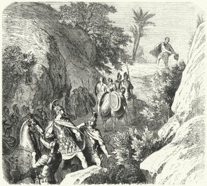 Perseusz Macedoński w marszu przez wąwozy Tesalii (rycina) autorstwa Heinrich Leutemann