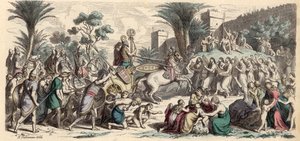 Przyjęcie zwycięskiej armii asyryjskiej (kolorowy grawerunek) autorstwa Heinrich Leutemann