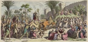Przyjęcie zwycięskiej armii asyryjskiej (kolorowy grawerunek) autorstwa Heinrich Leutemann
