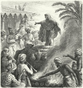 Suttee, hinduski zwyczaj pogrzebowy (grawerowanie) autorstwa Heinrich Leutemann