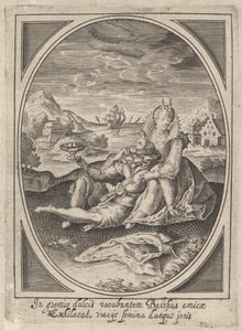 Para siedząca na ziemi, mężczyzna trzymający kielich i oparty o..., ca. 1585-1621.
