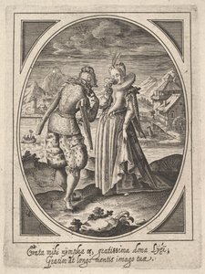 Mężczyzna podchodzi do kobiety, która trzyma kielich przy ustach, młyn wodny i wierzchowiec..., ok. godz. 1585-1621.
