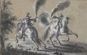 Dwóch jeźdźców strzelających do siebie, 1600-1677. autorstwa Heinrich Werdmuller