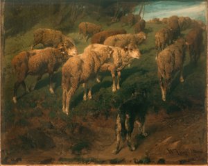 Owca z czarnym psem autorstwa Heinrich von Zügel