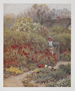 Kobieta otwierająca bramę do ogrodu, ilustracja z „Szczęśliwej Anglii”, Roberta Huisha (kolor litho) autorstwa Helen Allingham