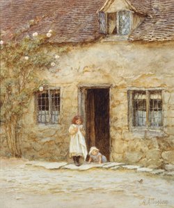At the Cottage Door (akwarela z wydrapaniem) autorstwa Helen Allingham