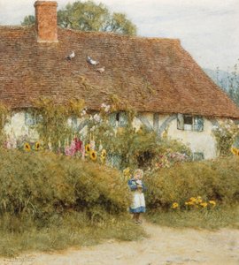 Domek w West Horsley, Surrey (akwarela z wydrapaniem) autorstwa Helen Allingham