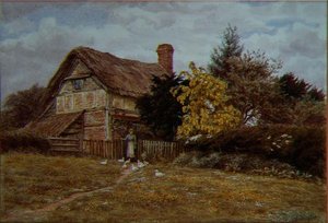 Laburnum Cottage: kobieta karmiąca kaczki (akwarela) autorstwa Helen Allingham