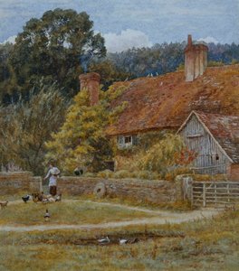 Netley Farm, Shere, Surrey (akwarela z wydrapaniem) autorstwa Helen Allingham
