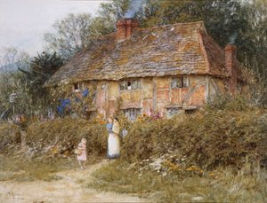Old Surrey Cottage (akwarela z wydrapaniem) autorstwa Helen Allingham