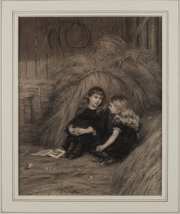 Dwie dziewczyny w stodole (atrament na papierze) autorstwa Helen Allingham