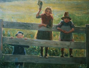 Troje małych dzieci przy bramie autorstwa Helga Ring Reusch
