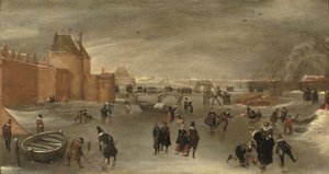 Łyżwiarze, gracze na kolfach i sanki na zamarzniętej rzece w pobliżu bramy miejskiej St. Janspoort, z Kruispoort w tle i Różowym młynem za nim, Haarlem (olej na panelu) autorstwa Hendrick Avercamp (studio of)