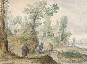 Zalesiony pejzaż rzeczny z kościołem i figurami, ca. 1613. autorstwa Hendrick Avercamp