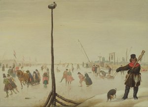 Łowca kaczek i jego pies w zimowym krajobrazie (panel) autorstwa Hendrick Avercamp