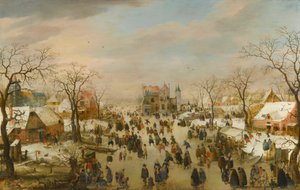 Panoramiczny zimowy krajobraz z mnóstwem postaci na zamarzniętej rzece autorstwa Hendrick Avercamp