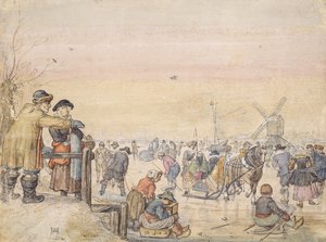 Ciesząc się lodem, 1630 (pióro i toaleta na papierze) autorstwa Hendrick Avercamp