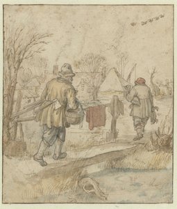 Powrót łowców kaczek / verso: Szkice statków i mężczyzny w zimowej odzieży autorstwa Hendrick Avercamp