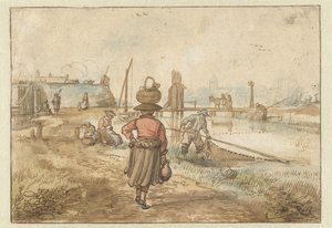 Pejzaż rzeczny z kobietą niosącą kosz na głowie, rybakami i innymi postaciami w pobliżu murów miasta autorstwa Hendrick Avercamp