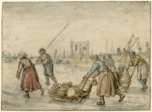 Zimowy krajobraz z dwiema kobietami i saniami i innymi postaciami na lodzie, szubienica w oddali autorstwa Hendrick Avercamp