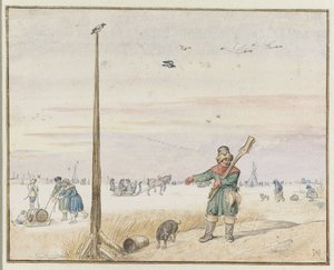 Zimowy krajobraz z łowcą kaczek z dziczyzną w pasie i pistoletem na ramieniu na brzegu zamarzniętej rzeki autorstwa Hendrick Avercamp