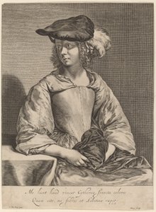 Dziewczyna w kapeluszu z pióropuszem autorstwa Hendrick Bary after Gerard ter Borch the Younger