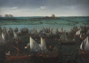 Bitwa między holenderskimi i hiszpańskimi statkami na Haarlemmermeer, ok. 1629 (olej na płótnie)