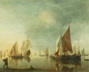 Żegluga na kotwicy na morzu na spokojnym morzu; światło wieczorne, ok. 1650-60 (olej na desce) autorstwa Hendrick Dubbels