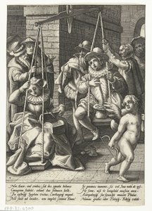 Wagi małżeństwa Pieniądze to prawdziwa miłość Skala ślubu Przysłowia według Karela van Mandera (tytuł serii) autorstwa Hendrick Goltzius (attributed to workshop of)