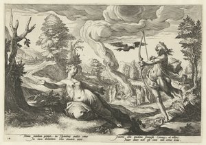 Apollo doodt Coronis Metamorfosen Owidiusza (tytuł serii) autorstwa Hendrick Goltzius (workshop of)