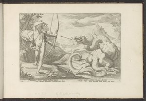 Apollo zabija gigantycznego węża Pythona Metamorfozy Owidiusza (tytuł serii) Odtworzenia P. Ovidiusa Naso (tytuł serii) autorstwa Hendrick Goltzius (workshop of)
