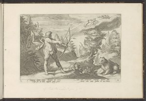 Arcas celuje strzałą w Callisto Metamorfozy Owidiusza (tytuł serii) Odtworzenia P. Ovidiusa Naso (tytuł serii) autorstwa Hendrick Goltzius (workshop of)