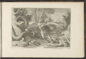 Kadmus zabija smoka Metamorfozy Owidiusza (tytuł serii) Odtworzenia P. Ovidiusa Naso (tytuł serii) autorstwa Hendrick Goltzius (workshop of)