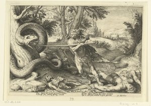 Kadmus zabija smoka Metamorfozy Owidiusza (tytuł serii) autorstwa Hendrick Goltzius (workshop of)