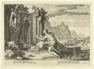 Cadmus pyta wyrocznię Delf, co zrobić teraz, gdy nie mógł znaleźć swojej siostry Europy Metamorfozy Owidiusza (tytuł serii) autorstwa Hendrick Goltzius (workshop of)