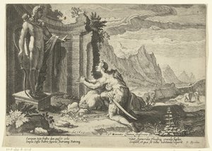 Kadmus pyta wyrocznię Delf, co zrobić teraz, gdy nie mógł znaleźć swojej siostry Europy Metamorfozy Owidiusza (tytuł serii) autorstwa Hendrick Goltzius (workshop of)
