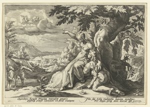 Clymene przypisuje Phaethona swojemu ojcu, bogowi słońca Metamorfozy Owidiusza (tytuł serii) autorstwa Hendrick Goltzius (workshop of)