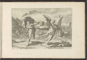 Cornix zamienia się w wronę Metamorfozy Owidiusza (tytuł serii) Odtworzenia P. Ovidiusa Naso (tytuł serii) autorstwa Hendrick Goltzius (workshop of)